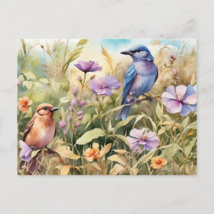 Carte Postale Illustration des Fleurs sauvages et des oiseaux d'