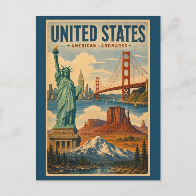 Carte Postale Illustration des monuments américains des États-Un (Devant)