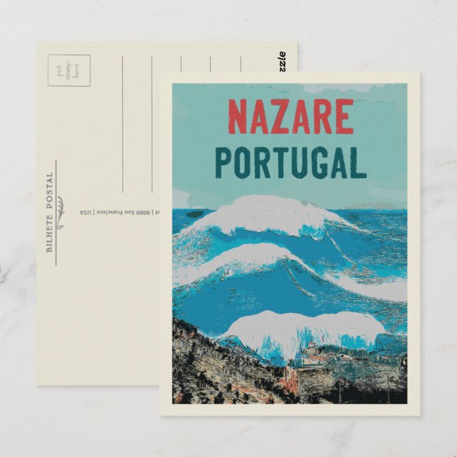 Carte Postale Illustration des plus grandes vagues de Nazare au  (Devant / Derrière)