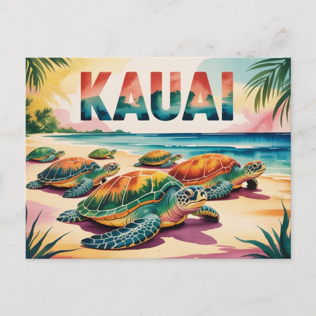 Carte Postale Illustration des tortues de la plage de Kauai (Devant)