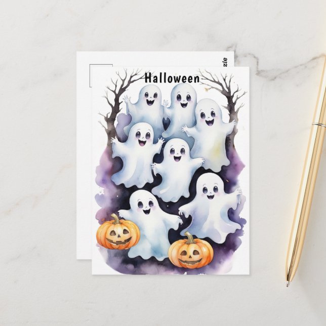 Carte Postale Illustration d'Halloween avec des fantômes mignons (Devant/Arrière en situation)