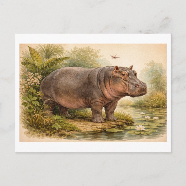 Carte Postale Illustration d'hippopotame de style vintage (Devant)