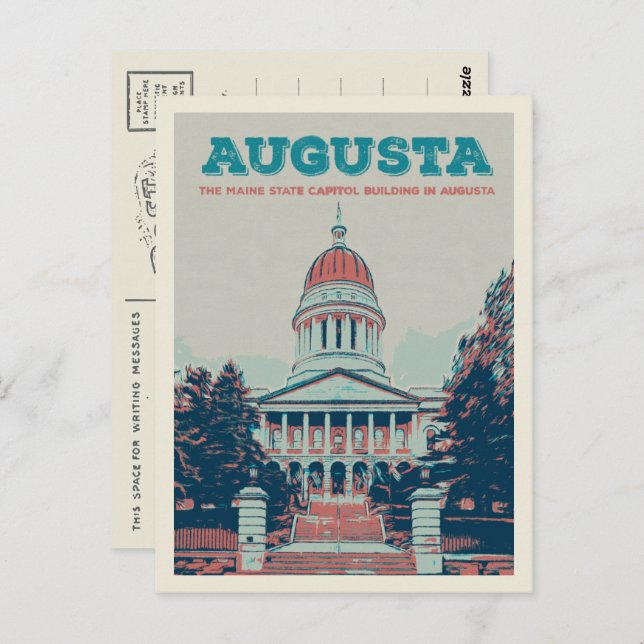 Carte Postale Illustration du capitole d'État Augusta Maine (Devant / Derrière)