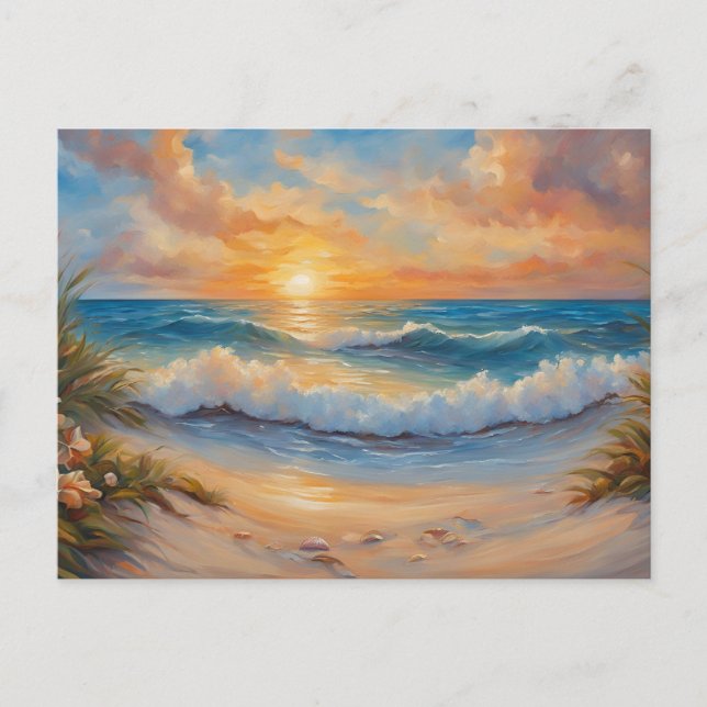 Carte Postale Illustration du coucher de soleil sur la plage (Devant)