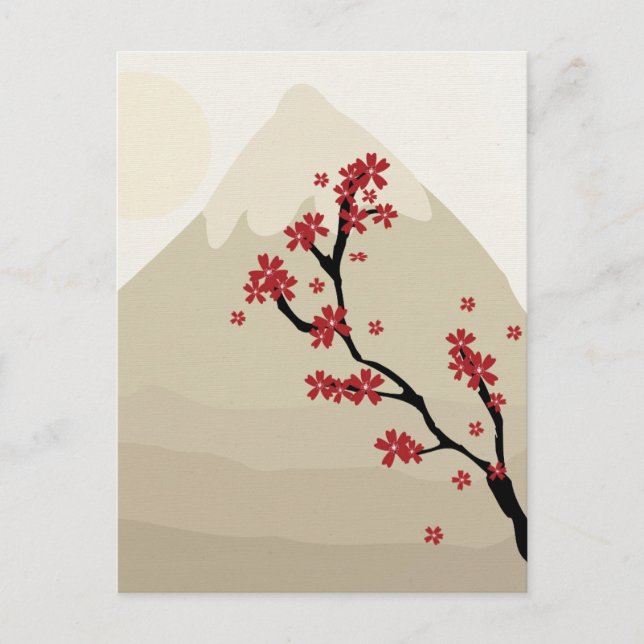 Carte Postale Illustration du Mont Fuji Japon en fleurs de ceris (Devant)