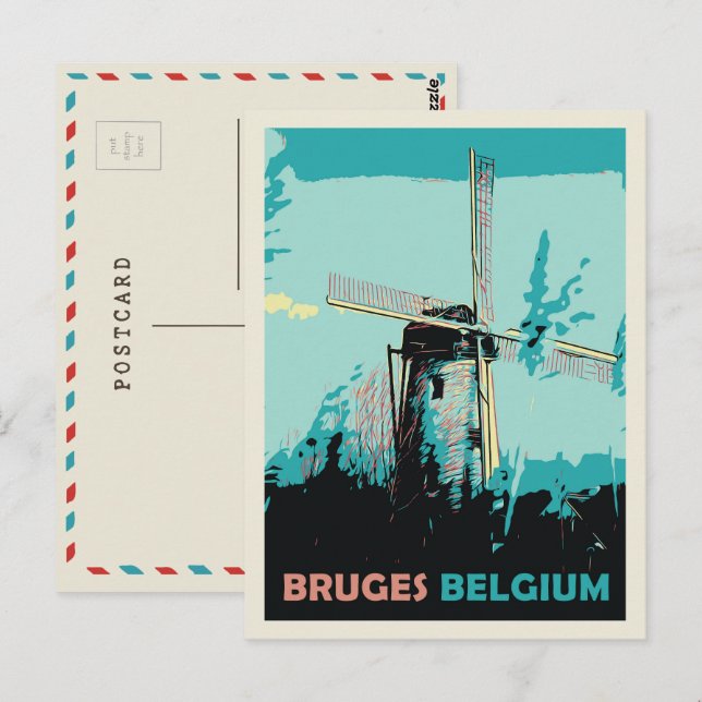 Carte Postale Illustration du moulin à vent de Bruges Belgique C (Devant / Derrière)