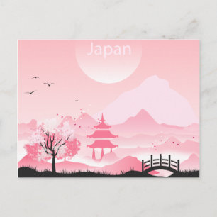Carte Postale Illustration du paysage japonais dans les tons ros