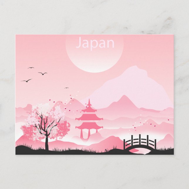 Carte Postale Illustration du paysage japonais dans les tons ros (Devant)