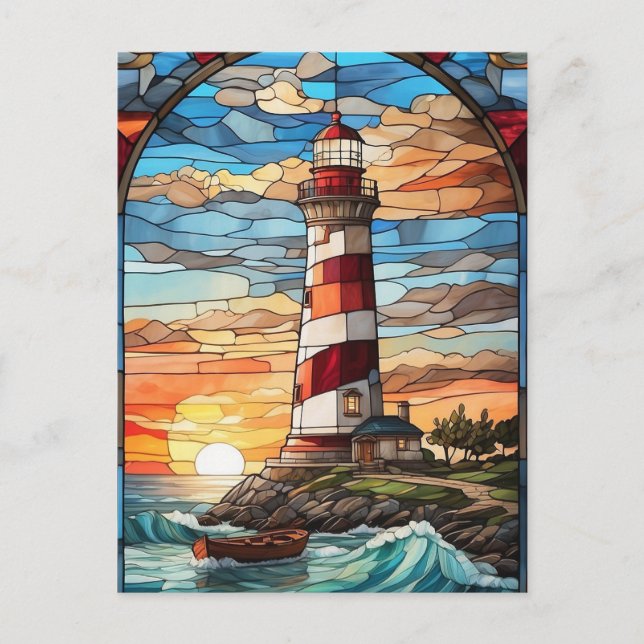 Carte Postale Illustration du phare et du soleil couchant (Devant)