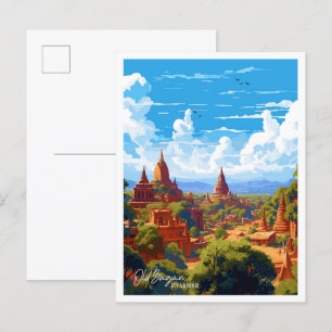 Carte Postale Illustration du vieux Bagan Myanmar Art Vintage vo