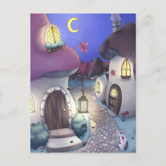 Carte Postale Illustration du village de champignons nocturnes d