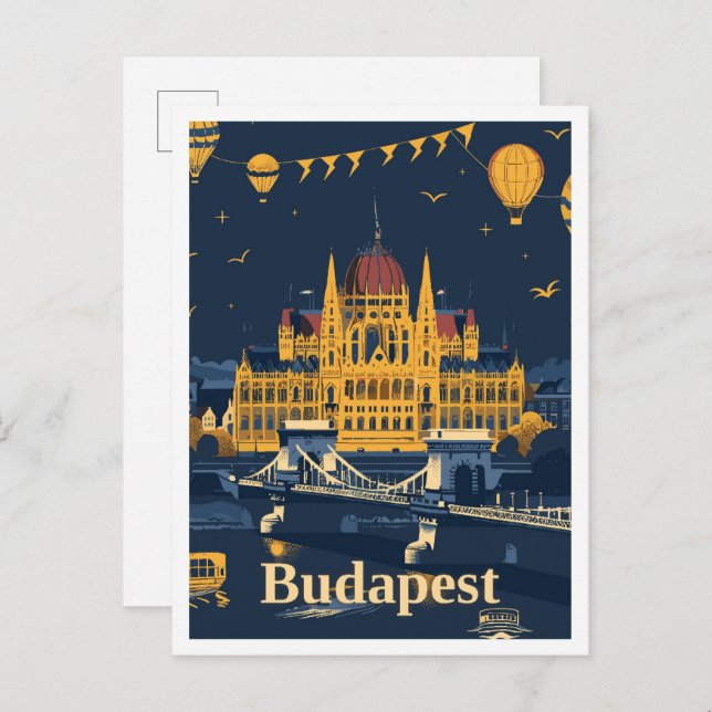 Carte Postale Illustration du Vintage voyage artistique Budapest (Devant / Derrière)