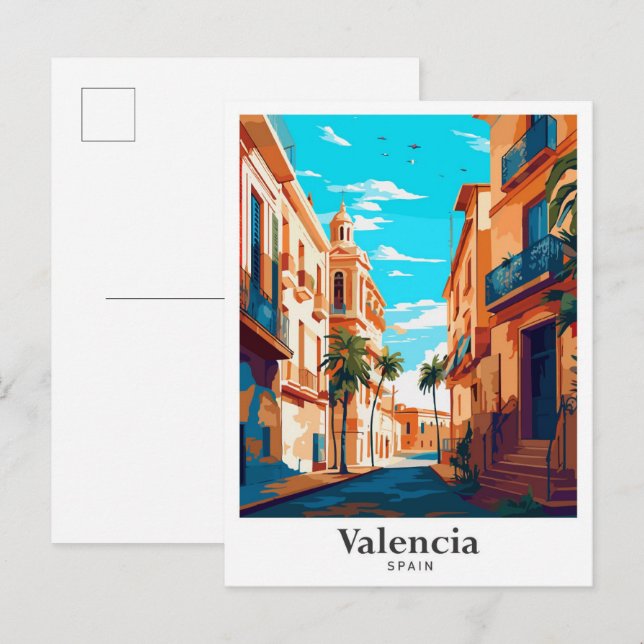 Carte Postale Illustration du Vintage voyage artistique Valencia (Devant / Derrière)