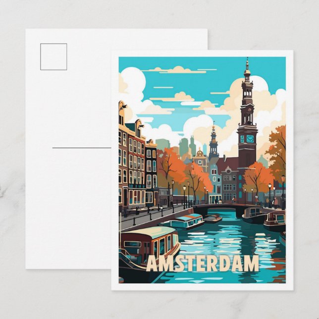 Carte Postale Illustration du Vintage voyage d'Amsterdam Pays-Ba (Devant / Derrière)