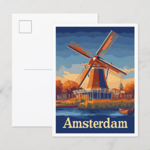 Carte Postale Illustration du Vintage voyage d'Amsterdam Pays-Ba