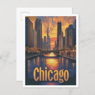 Carte Postale Illustration du Vintage voyage d'art de Chicago Il