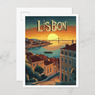 Carte Postale Illustration du Vintage voyage d'art Lisbonne Port