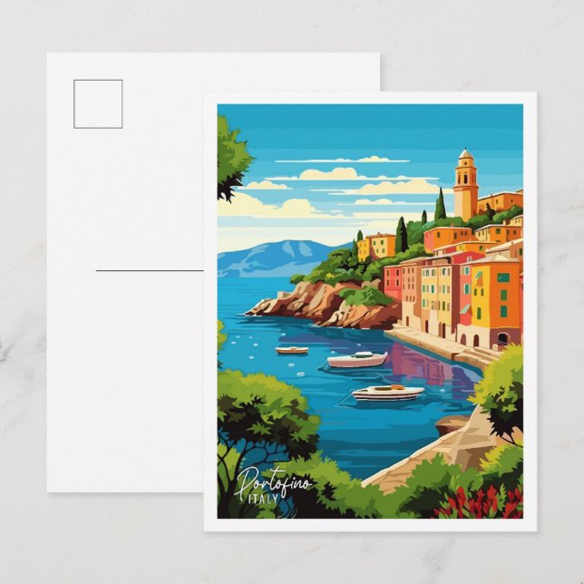 Carte Postale Illustration du Vintage voyage d'art Portofino Ita (Devant / Derrière)