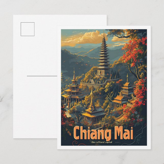 Carte Postale Illustration du Vintage voyage de Chiang Mai Thaïl (Devant / Derrière)