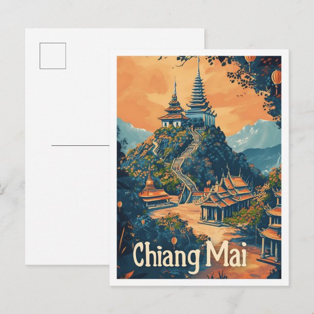 Carte Postale Illustration du Vintage voyage de Chiang Mai Thaïl (Devant / Derrière)