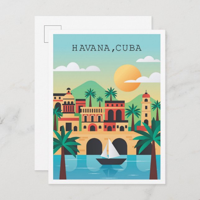 Carte Postale Illustration du Vintage voyage Havana Cuba (Devant / Derrière)