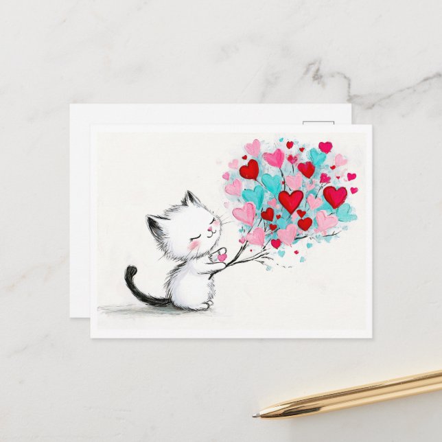 Carte Postale Illustration d'un adorable chaton avec des cœurs (Devant/Arrière en situation)