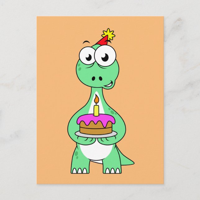 Carte Postale Illustration d'un Brontosaurus avec un gâteau d'an (Devant)