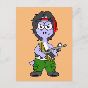 Carte Postale Illustration D'Un Brontosaurus Habillé En Rambo.