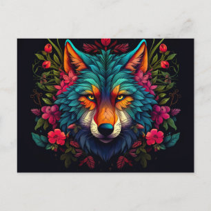 Carte Postale Illustration d'un loup mystique avec fleurs