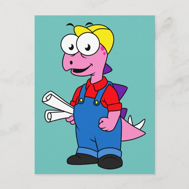 Carte Postale Illustration d'un ouvrier du bâtiment Stegosaurus. (Devant)