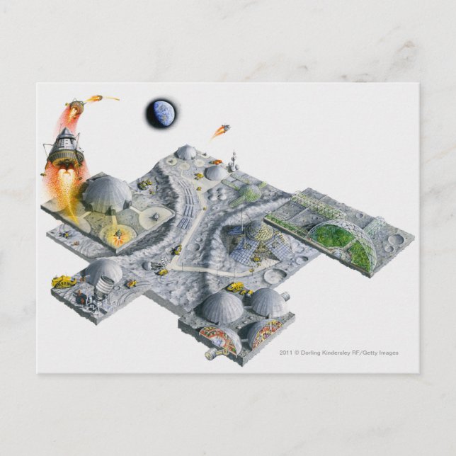 Carte Postale Illustration d'une base futuriste sur la Lune (Devant)