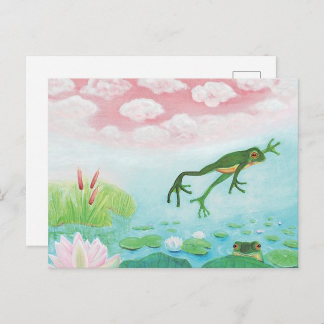 Carte Postale Illustration d'une grenouille sautant dans l'étang (Devant / Derrière)