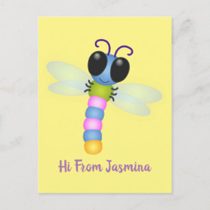 Carte Postale Illustration d'une libellule bleu et rose