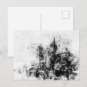 Carte Postale Illustration en noir et blanc Cathédrale Notre-Dam