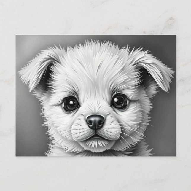 Carte Postale Illustration en noir et blanc d'un visage de chiot (Devant)