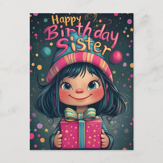 Carte Postale Illustration Fantaisiste Joyeux Anniversaire Sœur (Devant)