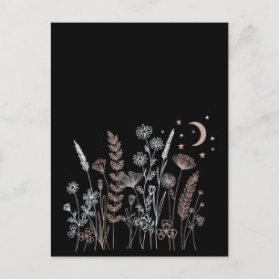 Carte Postale Illustration florale de nuit bohème – Lune, Étoile