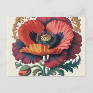 Carte Postale Illustration Florale Vintage Ornée de Coquelicots