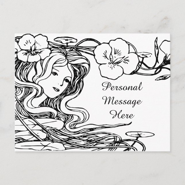 Carte Postale Illustration Jolie Dame Flowers Cheveux & Fleurs (Devant)