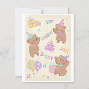 Carte Postale Illustration Joyeux Anniversaire Ours en Peluche