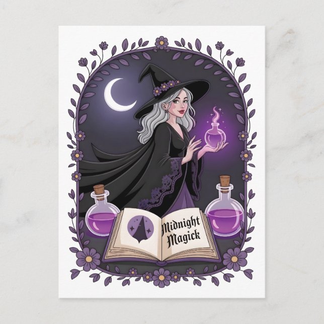 Carte Postale Illustration Magique de Minuit d'une Jeune Sorcièr (Devant)