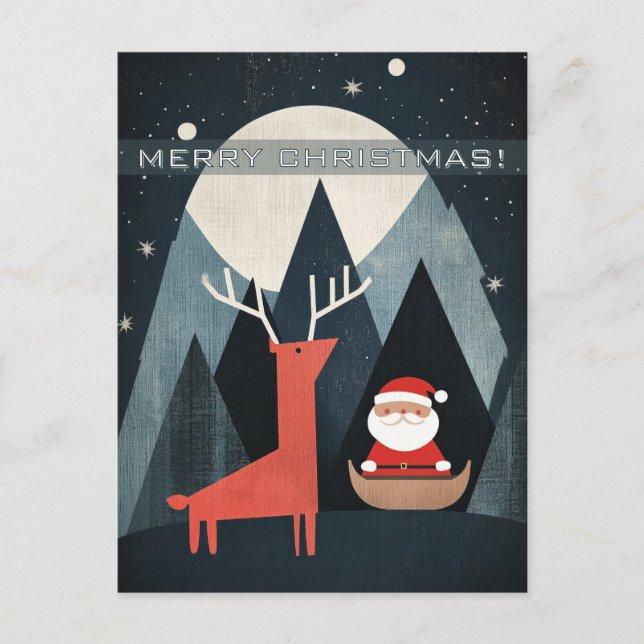 Carte Postale Illustration moderne de Père Noël et d'élan (Devant)