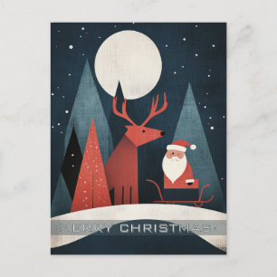 Carte Postale Illustration moderne de Père Noël et d'élan