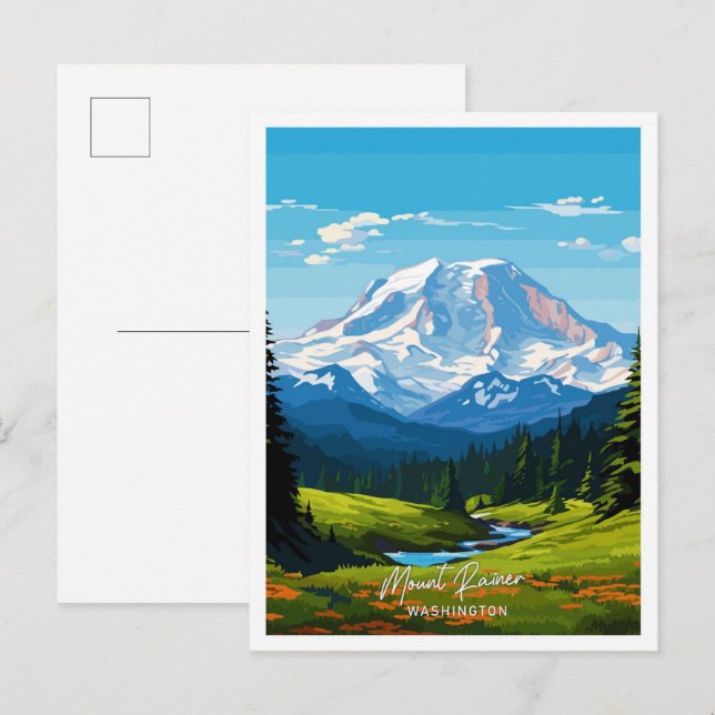 Carte Postale Illustration Mount Rainer Washington Art Travel (Devant / Derrière)