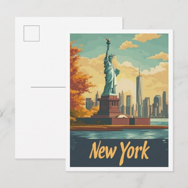 Carte Postale Illustration New York USA Art Vintage voyage (Devant / Derrière)