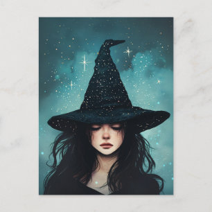 Carte Postale Illustration nocturne étoilée de sorcière