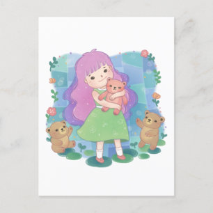 Carte Postale Illustration nounours et fille