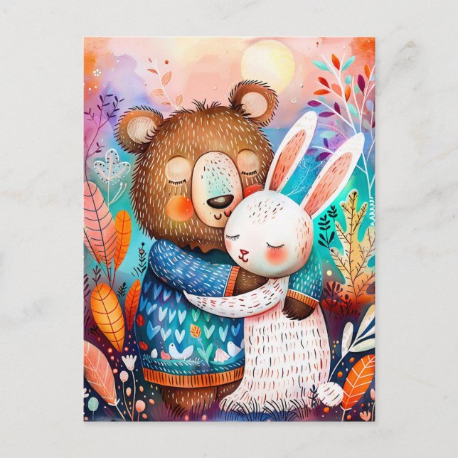 Carte Postale Illustration of bear hugging rabbit in forest. (Devant)
