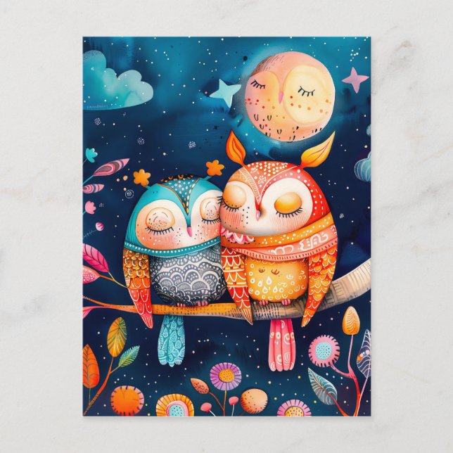 Carte Postale Illustration of owls hugging in forest at night (Devant)