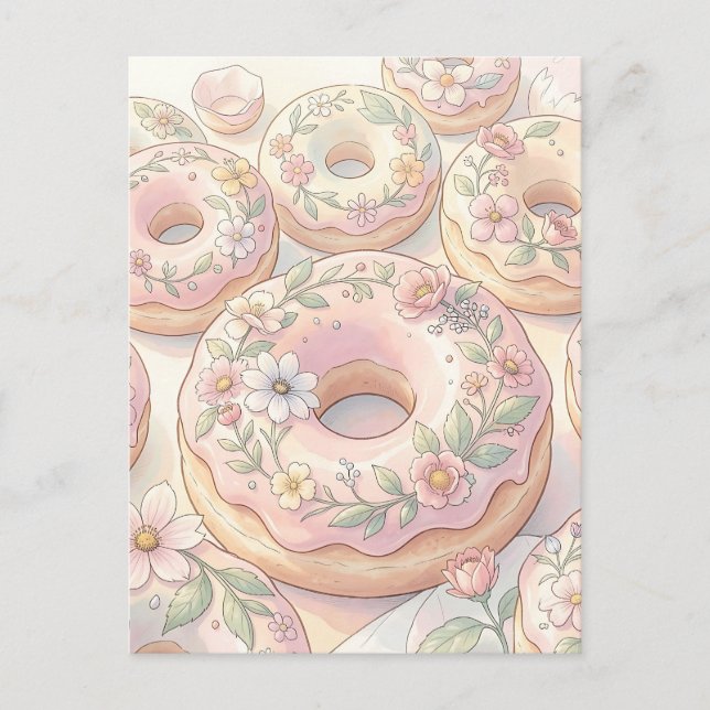 Carte Postale Illustration Pastel de Donuts Rose Floral (Devant)